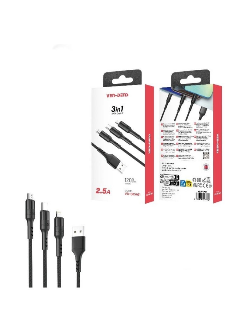 فين ديونز كابل شحن سريع ونقل بيانات 3 في 1 بقوة 2.5 أمبير، من USB إلى Type-C / Micro USB / Lightning للهواتف الذكية والأجهزة اللوحية وبنوك الطاقة - Image 1